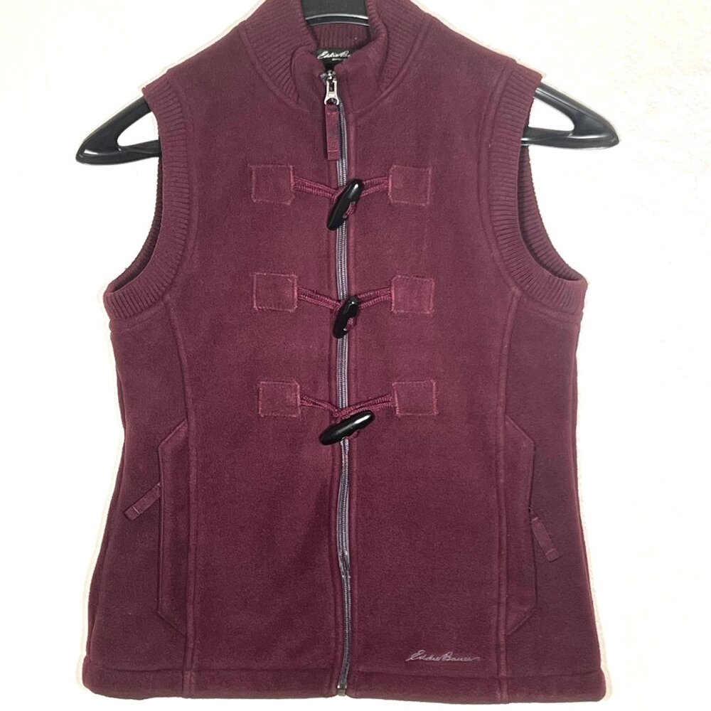 Eddie Bauer Women's Burgundy Fleece Vest Toggle-Zip Closure Ribbed Trim XS